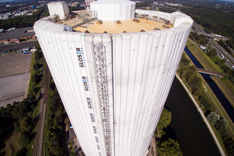 Luftaufnahme der Gasometer-Rotunde.
