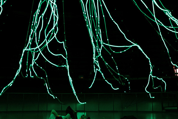Grüne Lichter durchfluten das Wurzelwerk der Kunstinstallation „Der Baum“. Unter dem Wurzelwerk aus Licht liegt auf einem Sitzsack ein Kind.